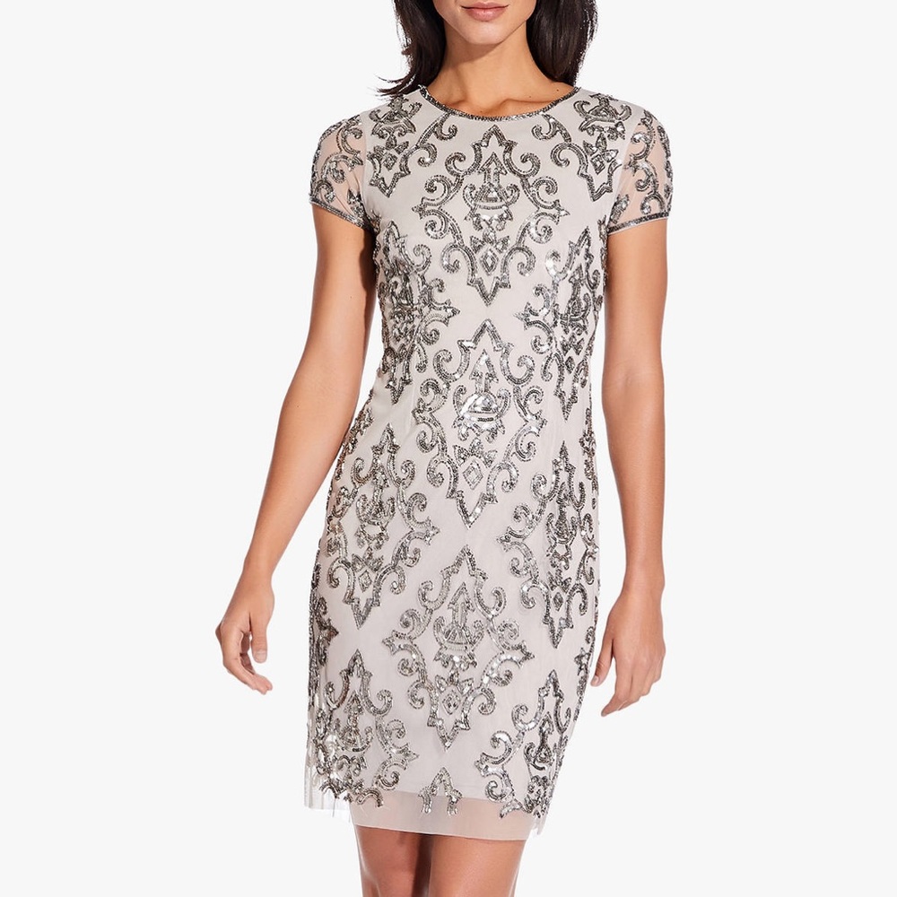 Adrianna Papell Short Fully Beaded Dress, Silver